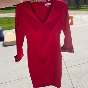 Calvin Klein Red V-Neck Sheath Dress with Black Piping